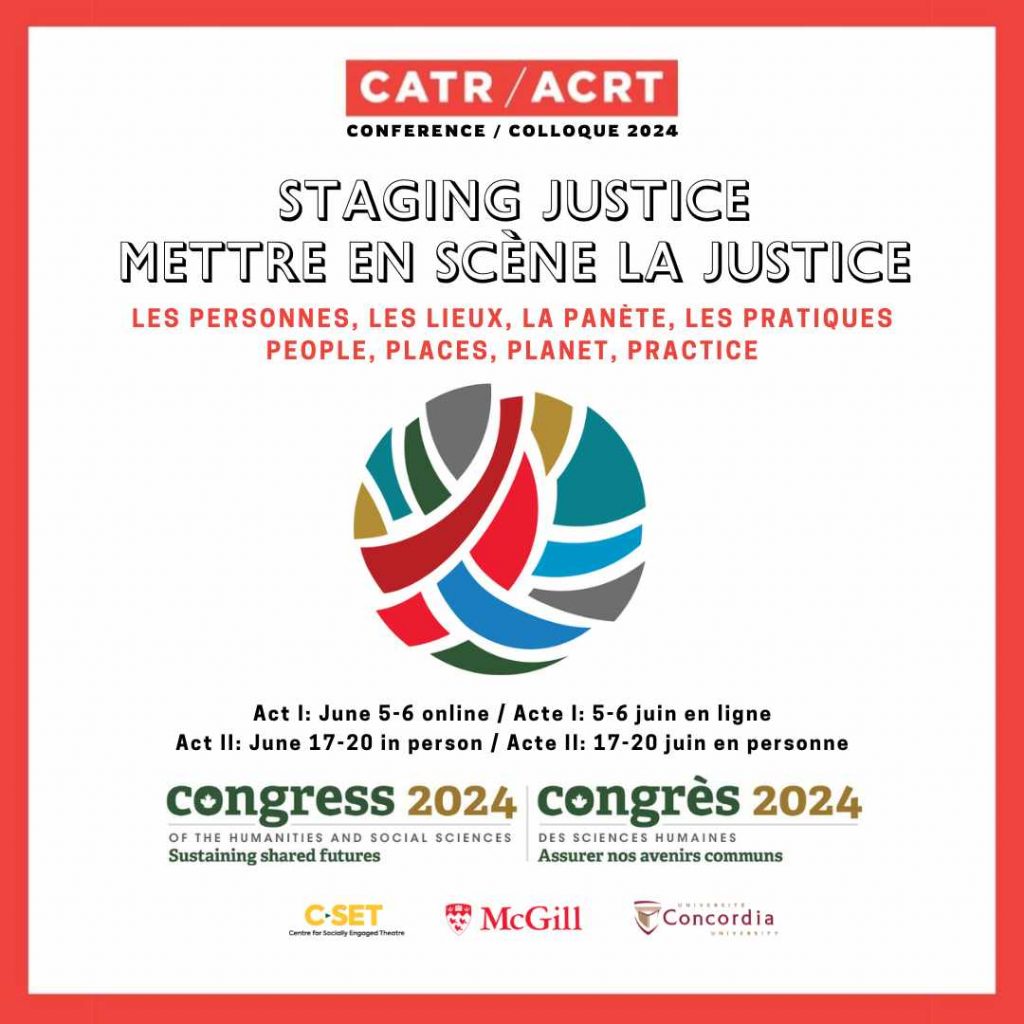 Logo for Staging Justice, with the logos for Congress 2024, C-SET, McGill University and Concordia University